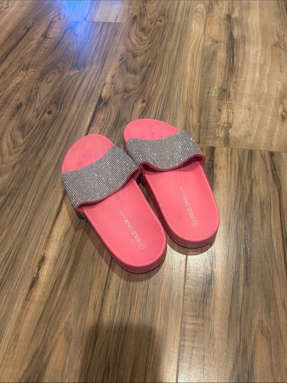 Wild Diva Pink Slide Sandals with Rhinestone Strap